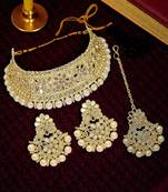 Gold plated mirror choker necklace maang tikka set