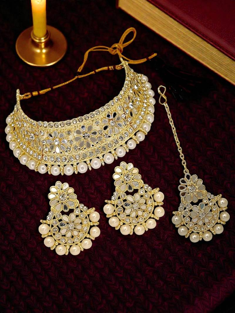 Gold plated mirror choker necklace maang tikka set