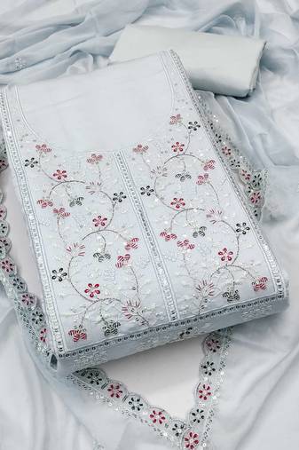 Grey sequins cotton silk semi stitched churidar dress-materials