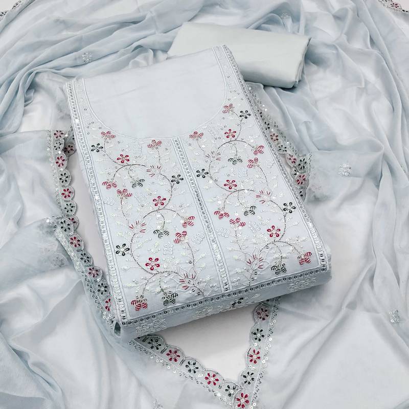 Grey sequins cotton silk semi stitched churidar dress-materials