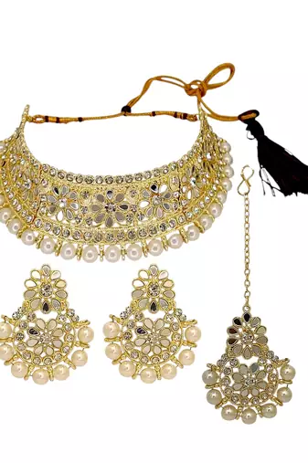 Gold plated mirror choker necklace maang tikka set