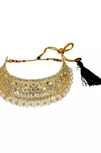 Gold plated mirror choker necklace maang tikka set