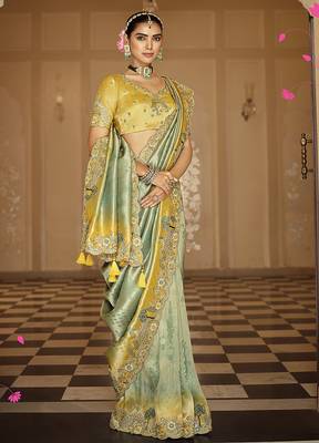 Mint green & mustard yellow silk blend saree with meenakari zari weaving Work 1