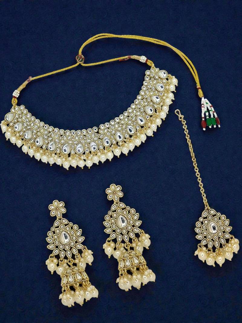 Antique gold plated kundan bridal necklace maang tikka set