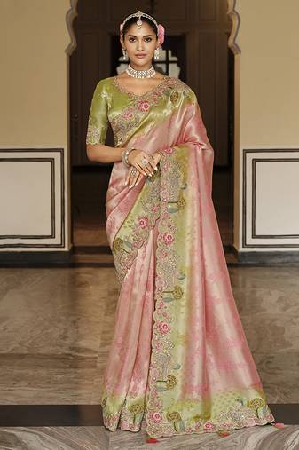 Silk blend saree in pastel pink & green with floral meenakari zari work
