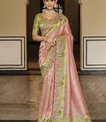 Silk blend saree in pastel pink & green with floral meenakari zari work