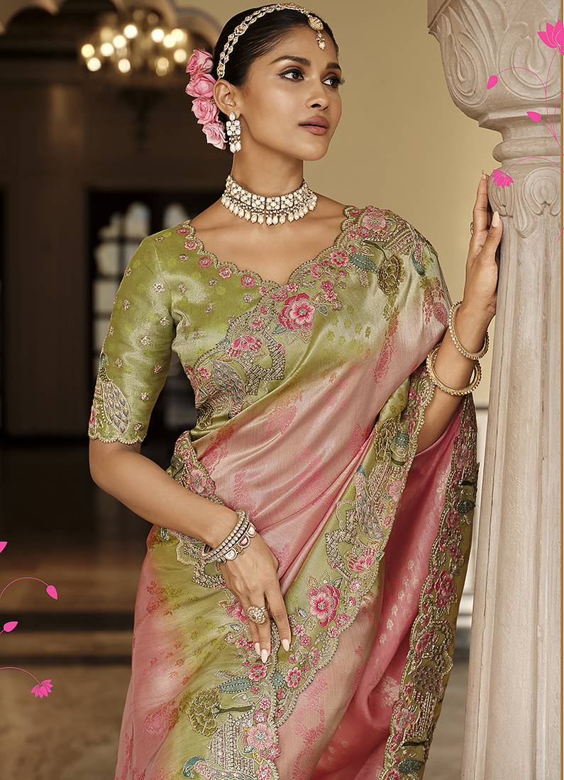 Silk blend saree in pastel pink & green with floral meenakari zari work
