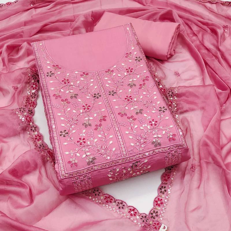 Pink sequins cotton silk semi stitched churidar dress-materials