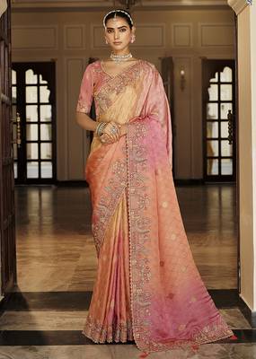 Peach & rose pink silk blend saree with meenakari zari detailing 1