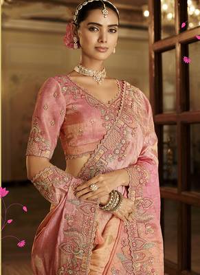 Peach & rose pink silk blend saree with meenakari zari detailing 2