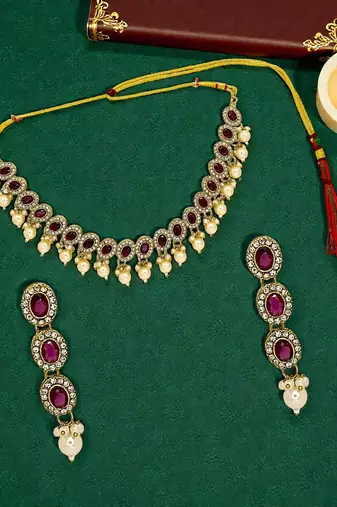 Gold plated oval shape red necklace set