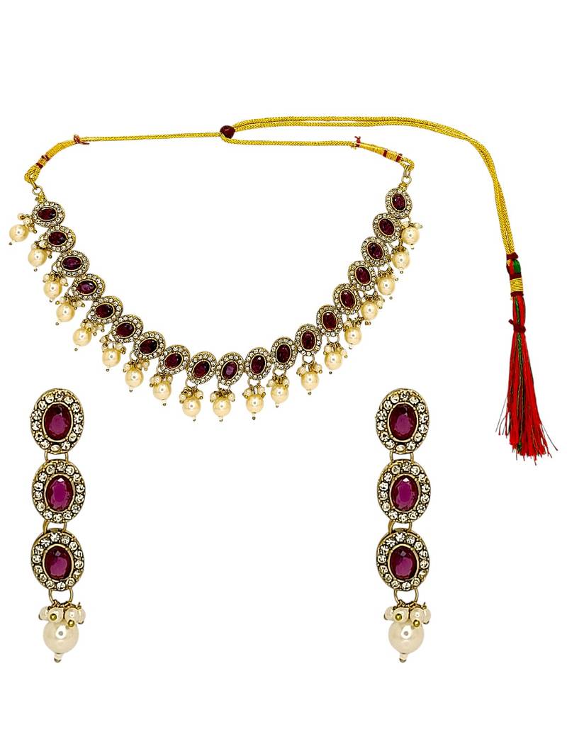 Gold plated oval shape red necklace set