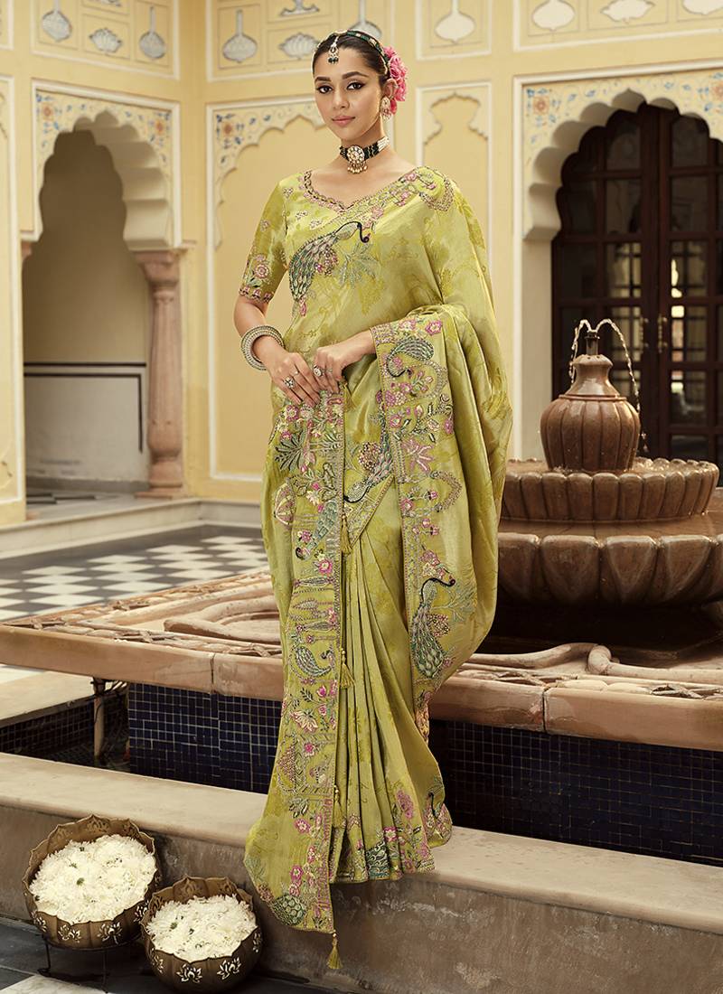 Silk blend silk saree in light green with rich meenakari zari weaving