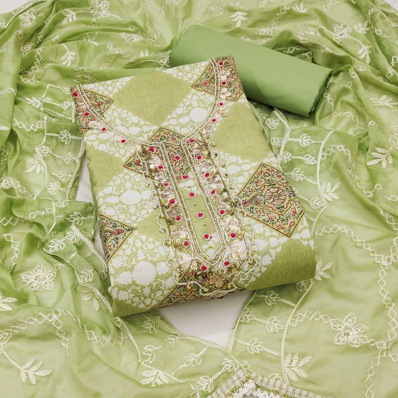 Multicolor hand embroidery cotton semi stitched churidar dress-materials