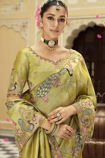 Light Green silk blend Saree with meenakari zari weaving Work