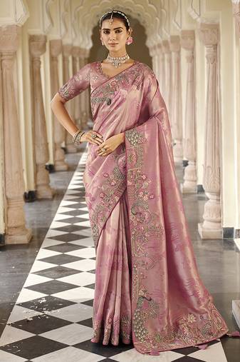 Silk blend silk saree in light pink with rich meenakari zari weaving