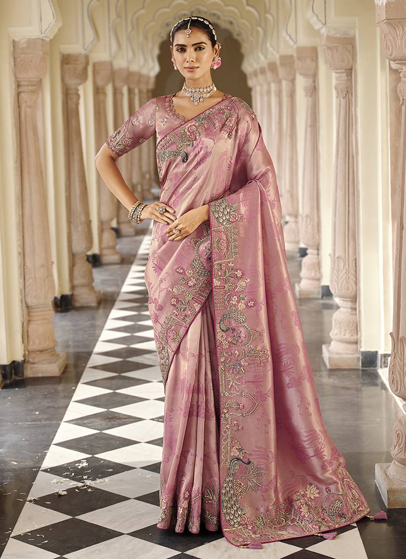 Silk blend silk saree in light pink with rich meenakari zari weaving
