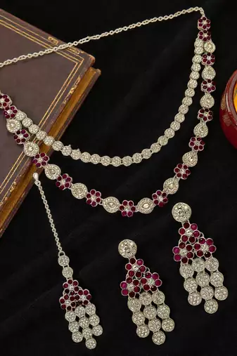 Silver plated floral design layered wine necklace maang tikka set