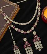 Silver plated floral design layered wine necklace maang tikka set