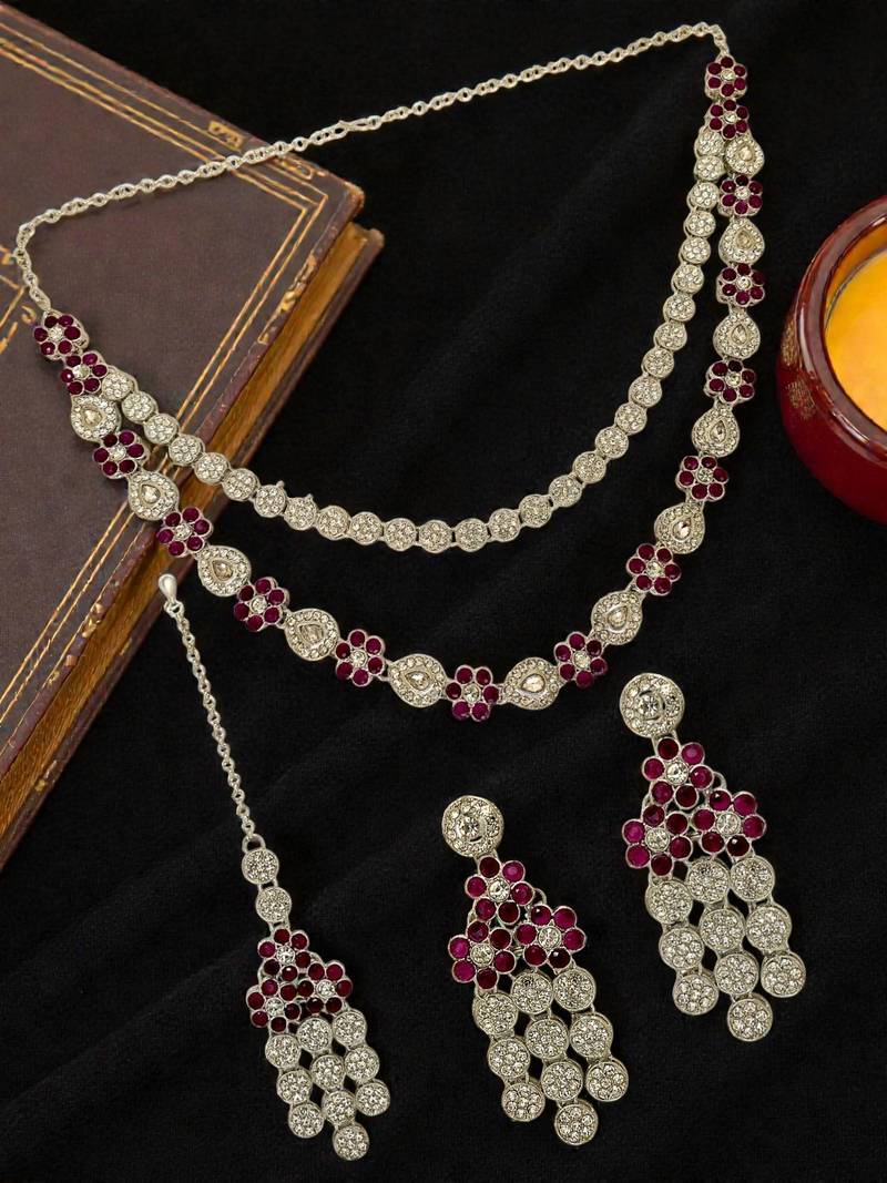 Silver plated floral design layered wine necklace maang tikka set