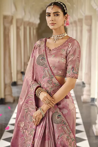 Light Pink silk blend Saree with meenakari zari weaving Work