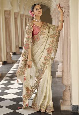 Off White silk blend Saree with meenakari zari weaving Work 1