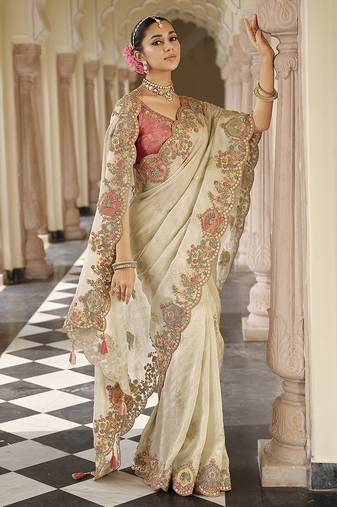 Silk blend silk saree in off white with rich meenakari zari weaving