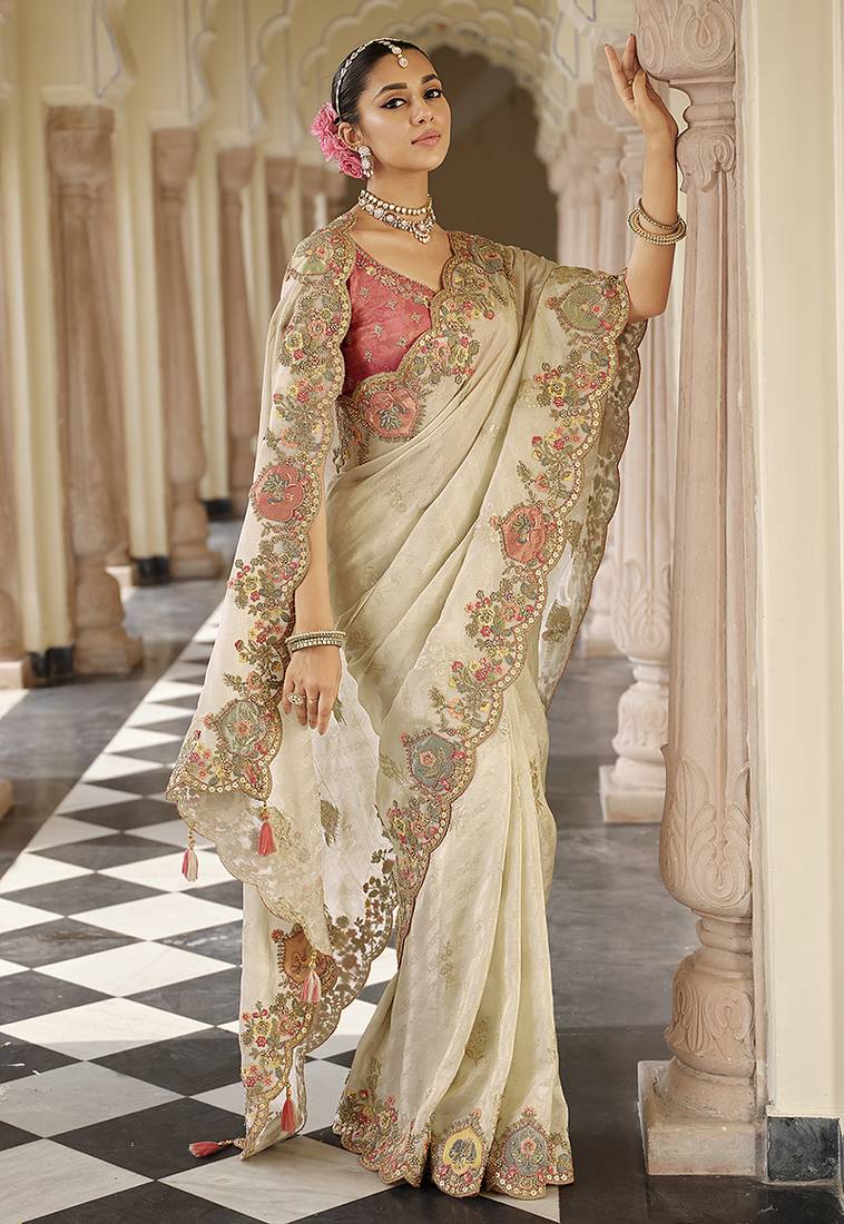 Silk blend silk saree in off white with rich meenakari zari weaving