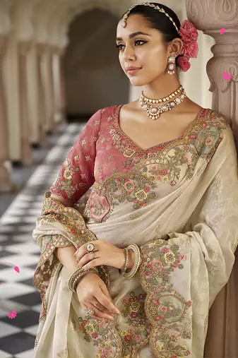 Off White silk blend Saree with meenakari zari weaving Work