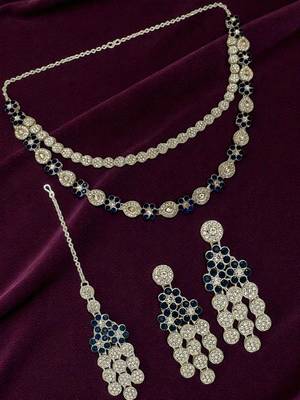 Silver plated floral design layered blue necklace maang tikka set 1