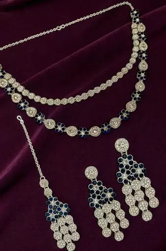 Silver plated floral design layered blue necklace maang tikka set