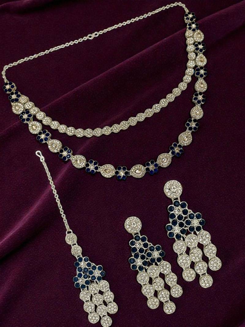Silver plated floral design layered blue necklace maang tikka set