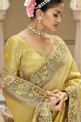 Light Yellow silk blend Saree with meenakari zari weaving Work