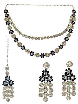 Silver plated floral design layered blue necklace maang tikka set 2