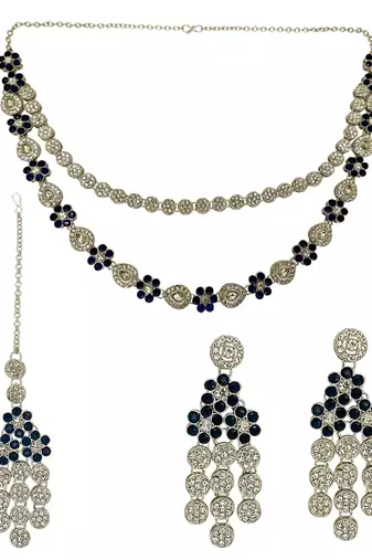 Silver plated floral design layered blue necklace maang tikka set