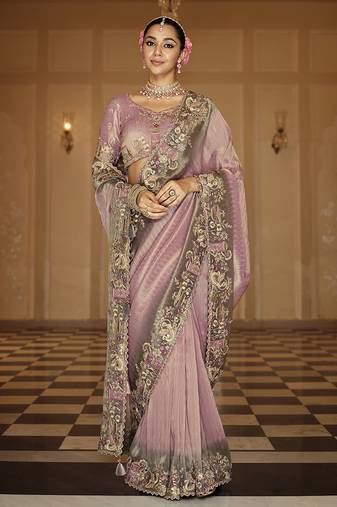 Silk blend silk saree in onion pink with rich meenakari zari weaving
