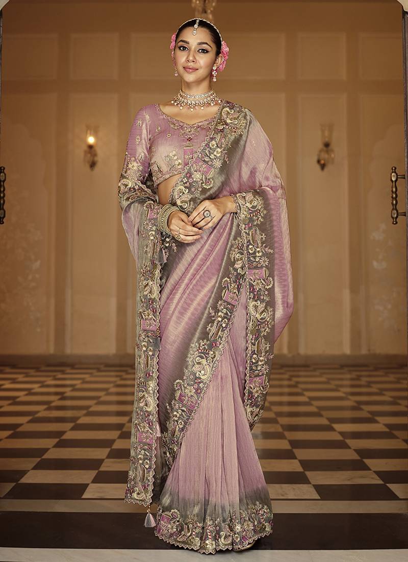 Silk blend silk saree in onion pink with rich meenakari zari weaving