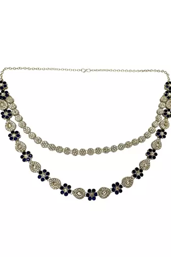 Silver plated floral design layered blue necklace maang tikka set