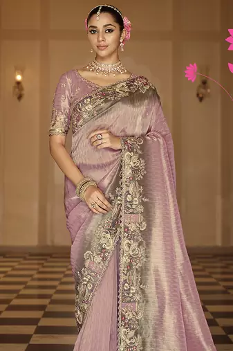Onion pink silk blend Saree with meenakari zari weaving Work