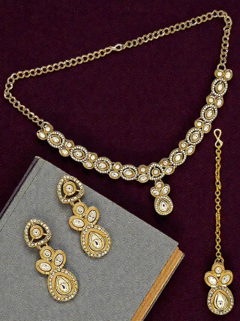 Gold plated kundan polki necklace maang tikka set