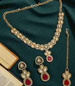 Gold plated kundan polki red necklace maang tikka set