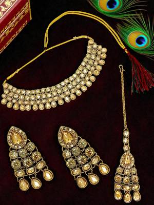 Antique gold plated champagne stone necklace maang tikka set 1