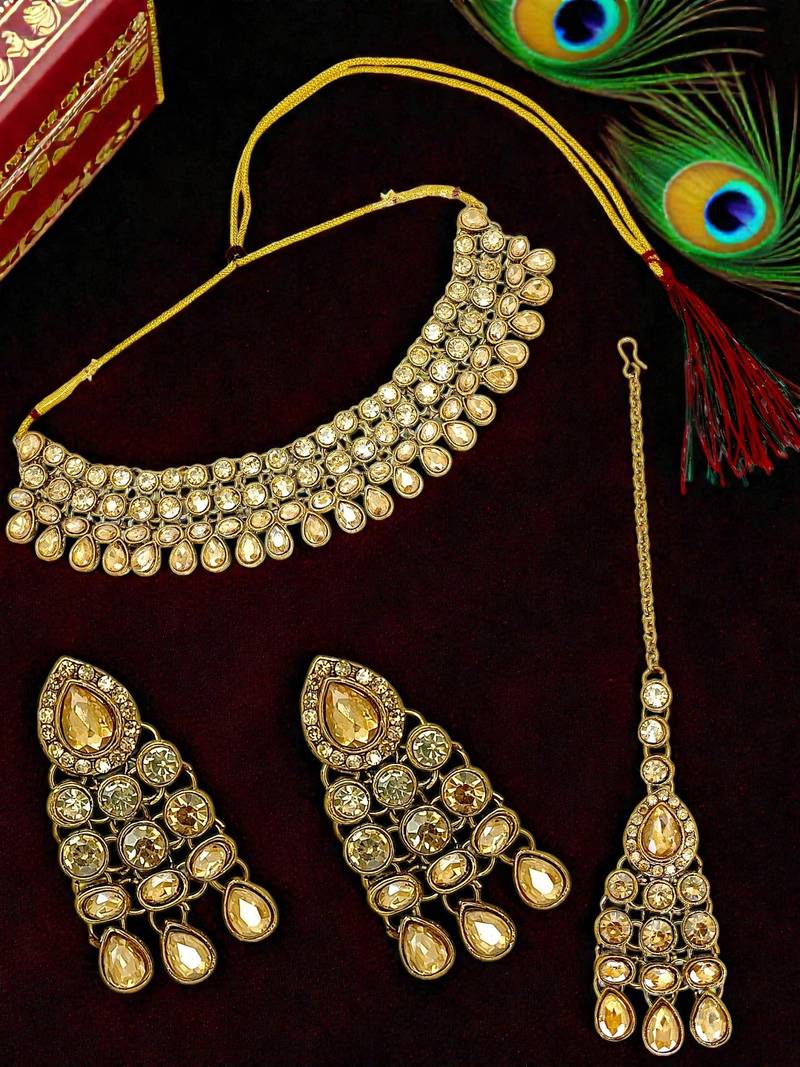 Antique gold plated champagne stone necklace maang tikka set