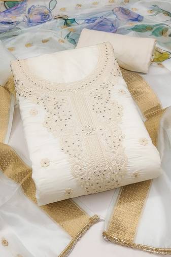 White embroidered cotton silk semi stitched churidar dress-materials