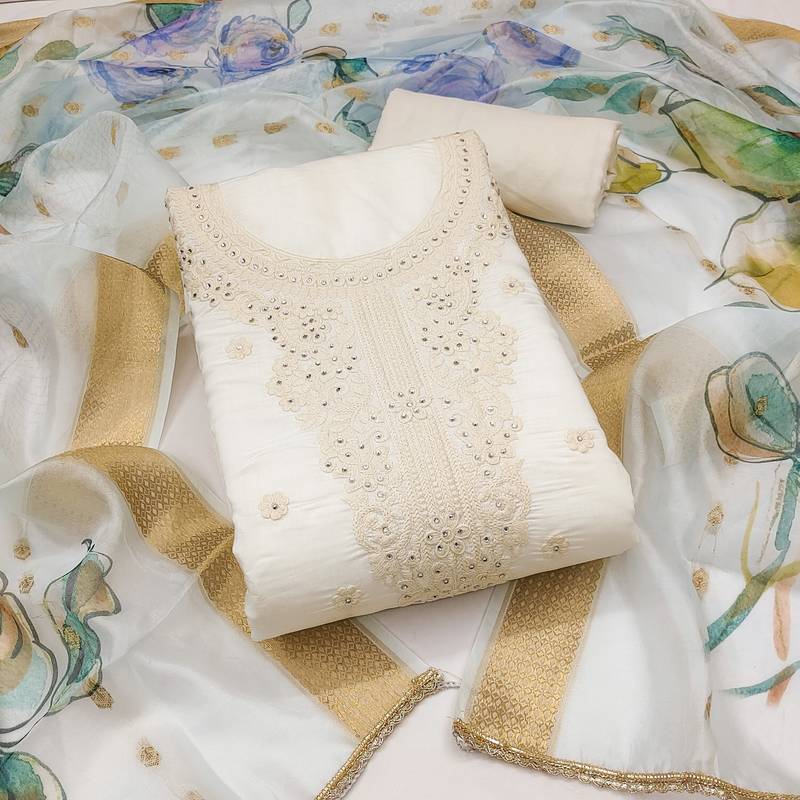 White embroidered cotton silk semi stitched churidar dress-materials