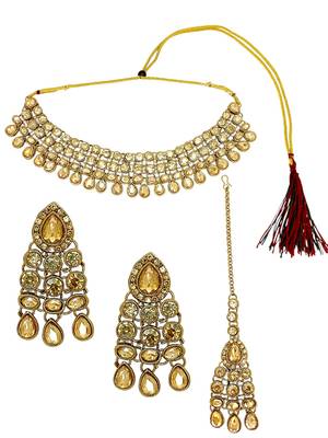Antique gold plated champagne stone necklace maang tikka set 2