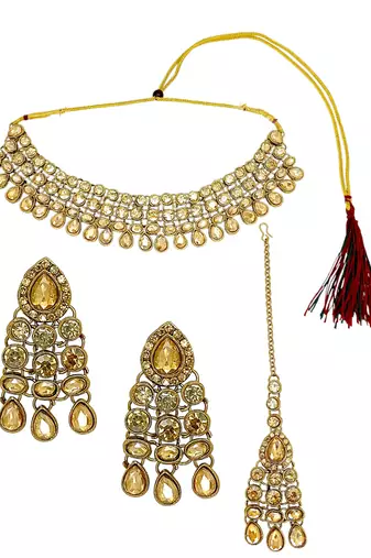 Antique gold plated champagne stone necklace maang tikka set