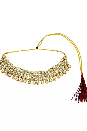 Antique gold plated champagne stone necklace maang tikka set