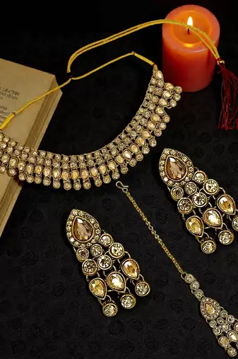 Antique gold plated champagne stone necklace maang tikka set