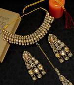 Antique gold plated champagne stone necklace maang tikka set